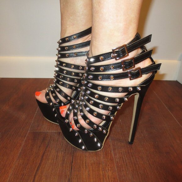 NNB Black Studded Multi Strap High Heel Platform Sandals - Picture 3 of 8